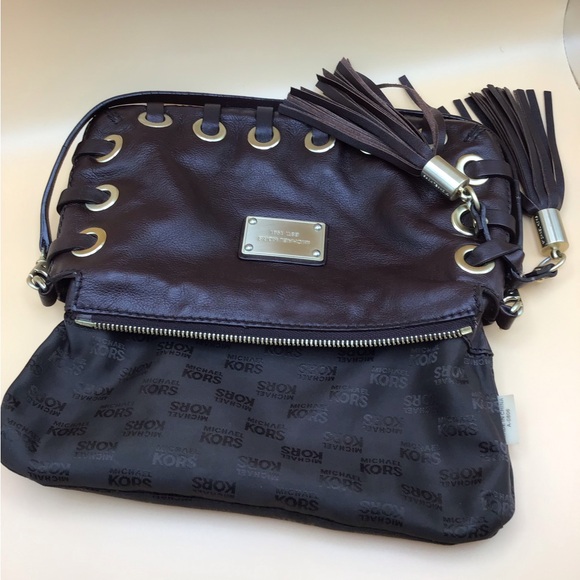 MICHAEL KORS DARK EXPRESSO BROWN  SOFT LEATHER CLUTCH WITH 2 TASSEL WEAVE BOTTOM - Picture 5 of 14